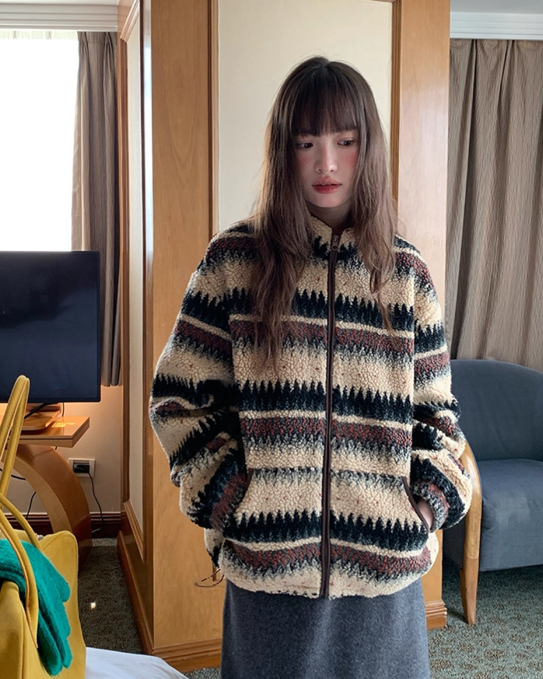 Pettern Zip Boa-fleece Outer BU0038