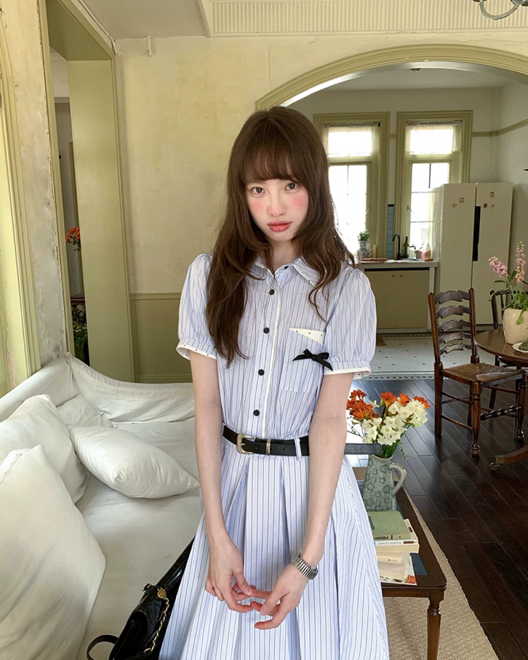 Stripe Chest Ribbon Shirt Dress BU0211