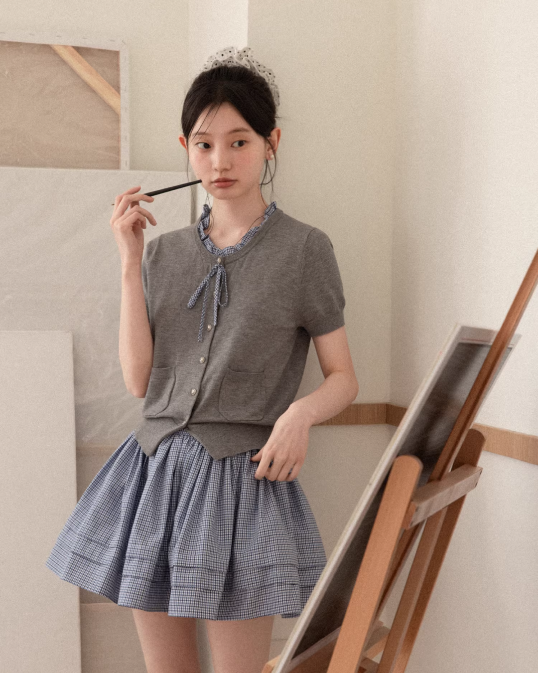 Layerd Gray Knit Shirt & Blue Check Skirt CA0029 – 13rain