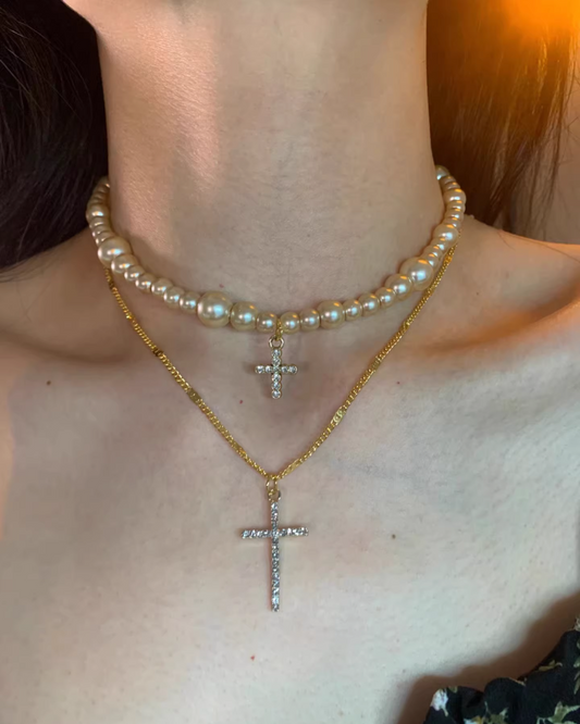Gold Cross Pearl Design Necklace AC0010
