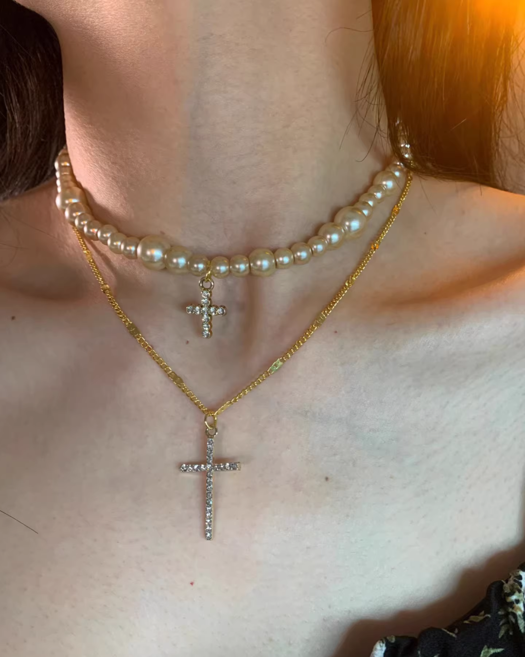 Gold Cross Pearl Design Necklace AC0010