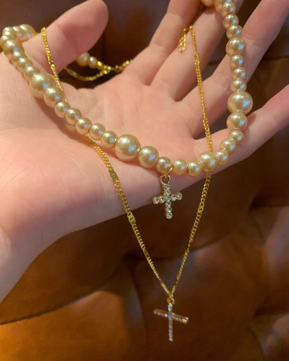 Gold Cross Pearl Design Necklace AC0010