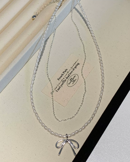 Double Pearl Ribbon Necklace AC0038