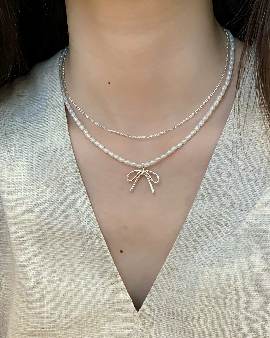 Double Pearl Ribbon Necklace AC0038
