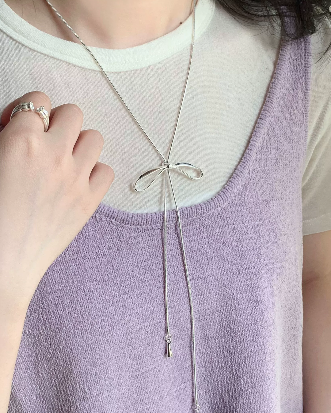 Silver Long Ribbon Necklace AC0039