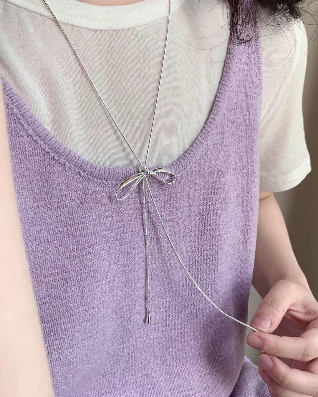 Silver Long Ribbon Necklace AC0039