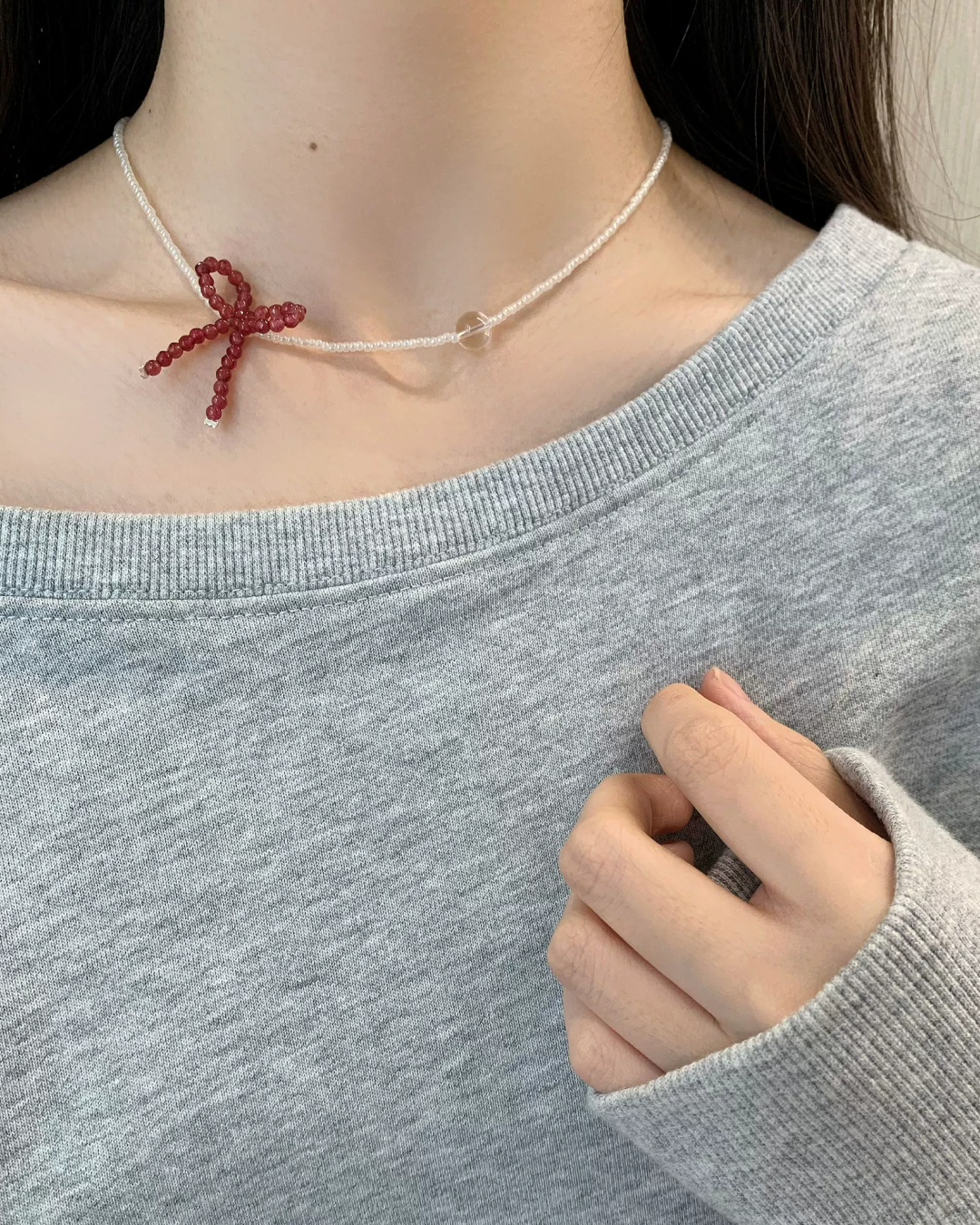 Red Ribbon Stone Necklace AC0044
