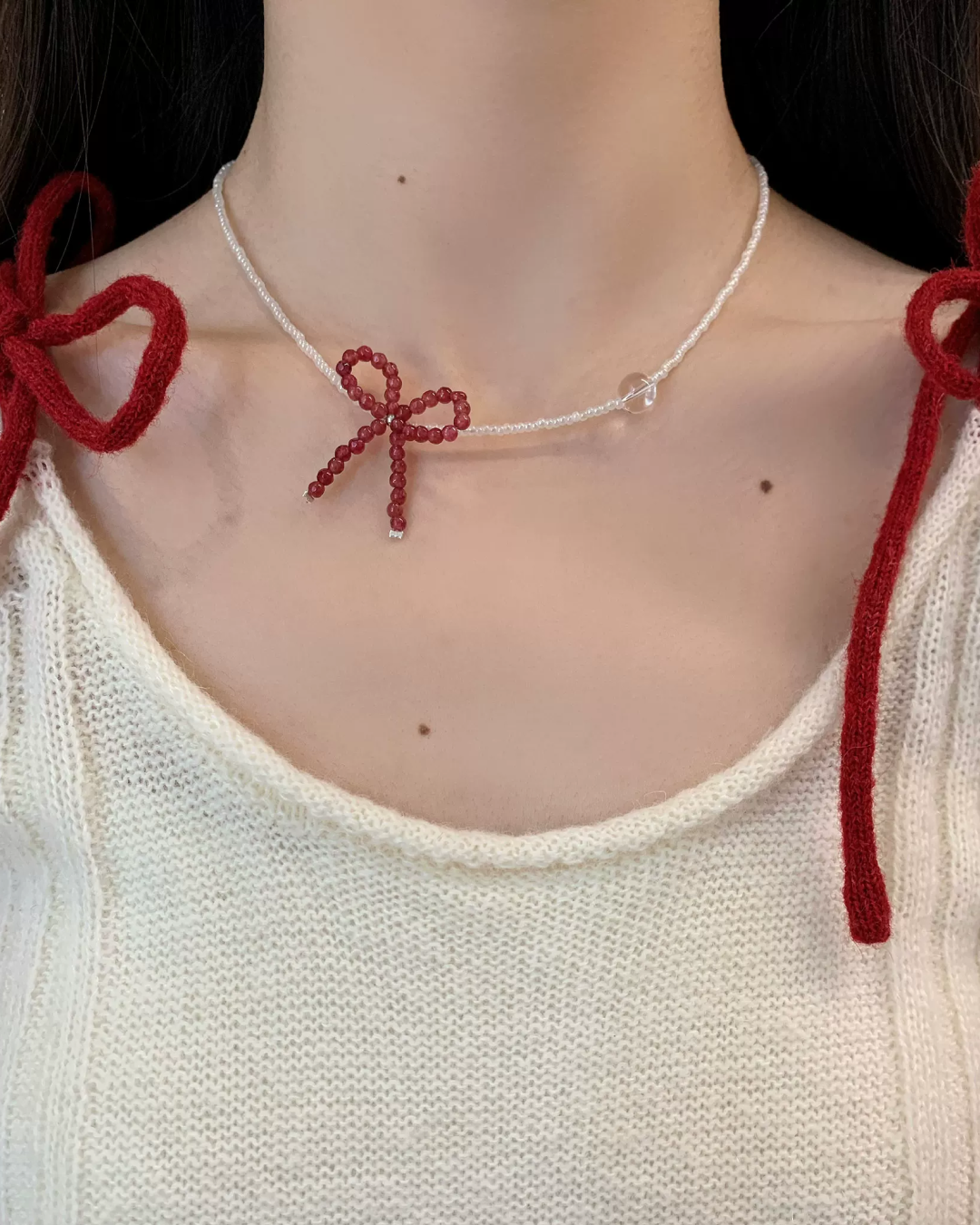 Red Ribbon Stone Necklace AC0044
