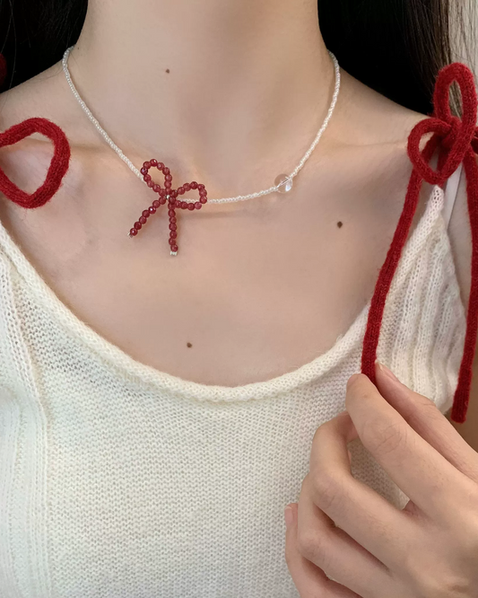 Red Ribbon Stone Necklace AC0044