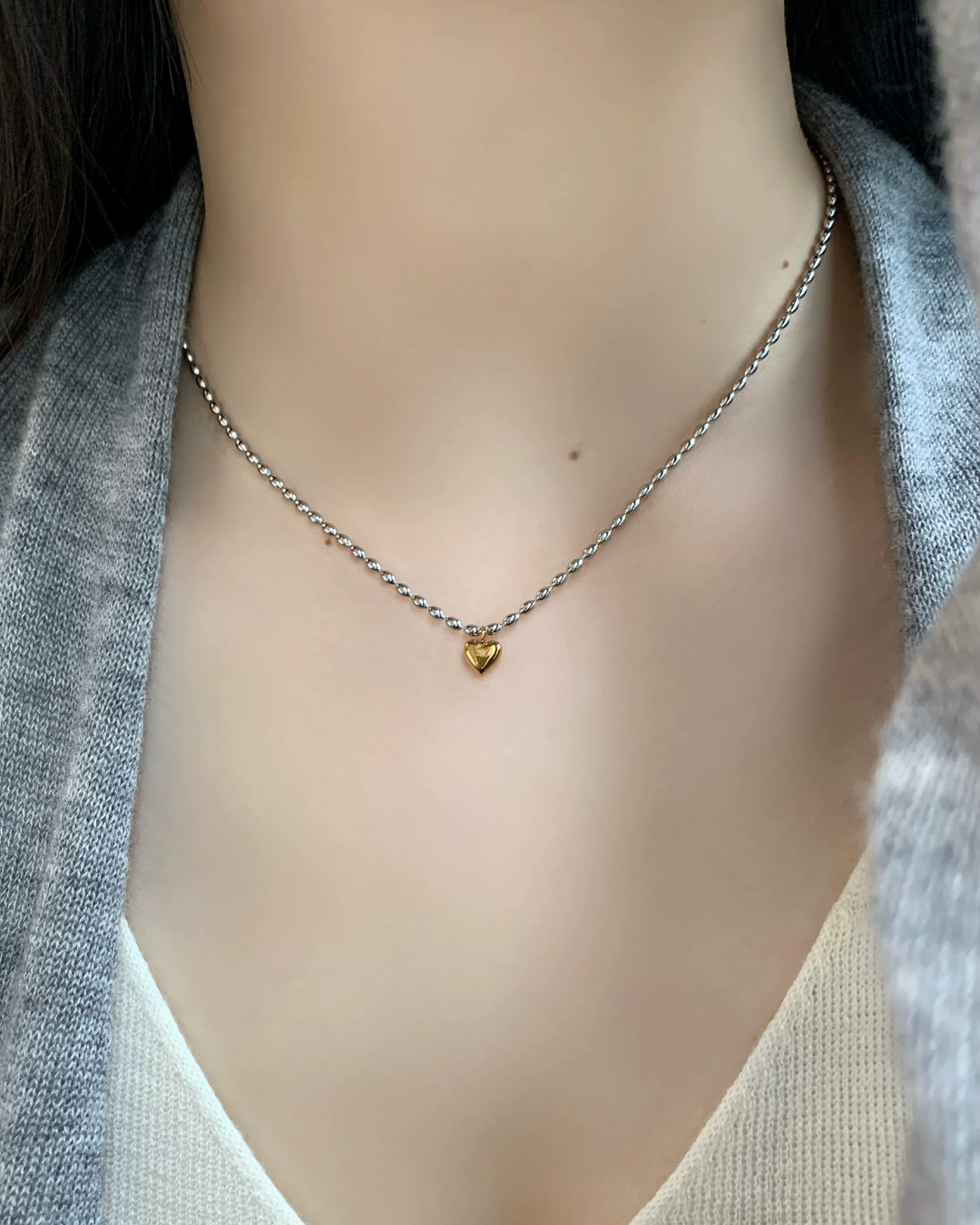 Silver Chain Gold Heart  Necklace AC0047