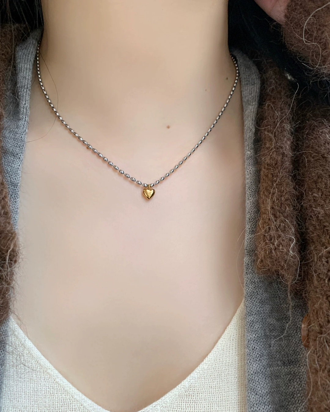 Silver Chain Gold Heart  Necklace AC0047