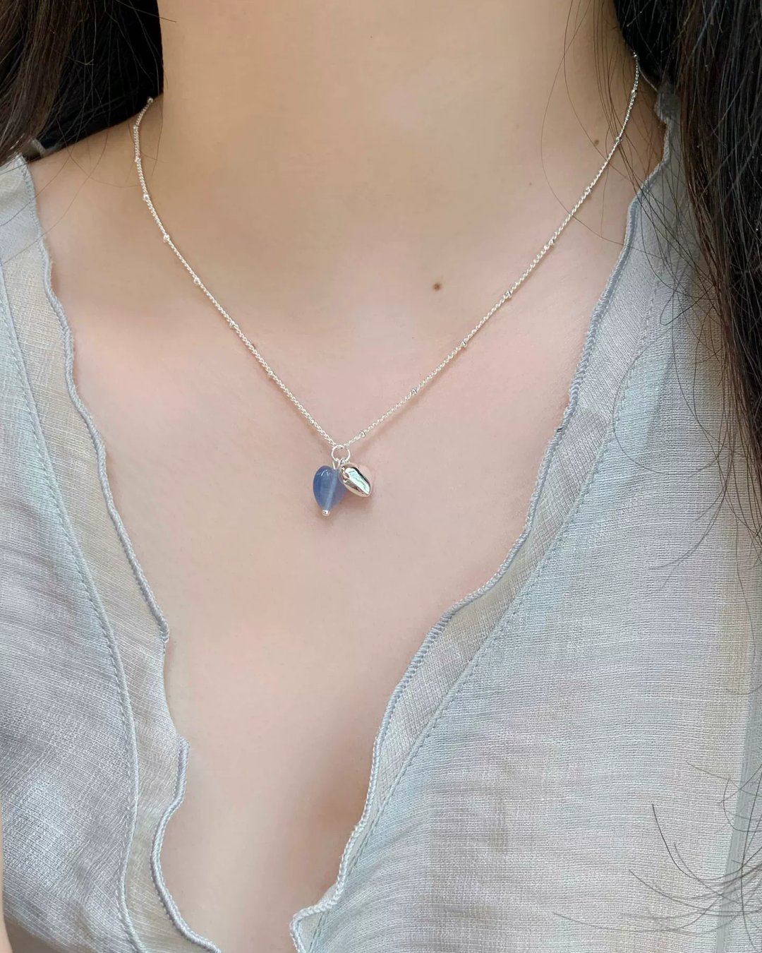 Double String Beads Heart Charm Necklace AC0056