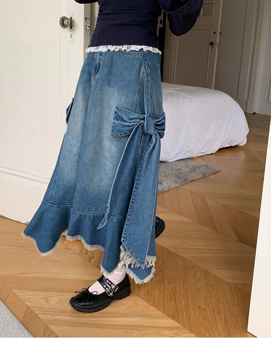 Side Ribbon Denim Skirt B0014