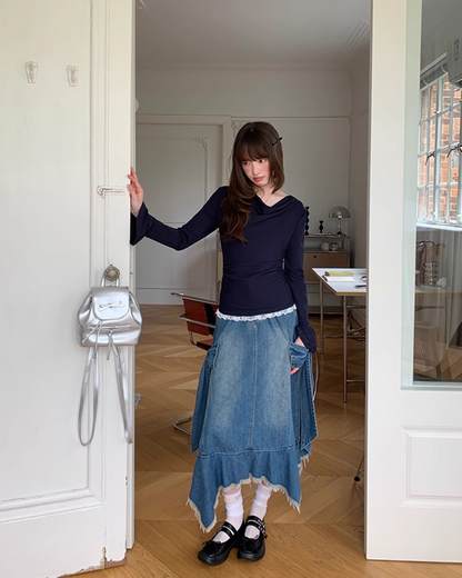 Side Ribbon Denim Skirt B0014