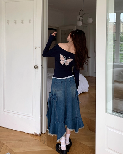 Side Ribbon Denim Skirt B0014