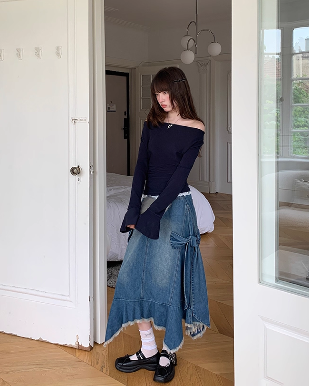 Side Ribbon Denim Skirt B0014