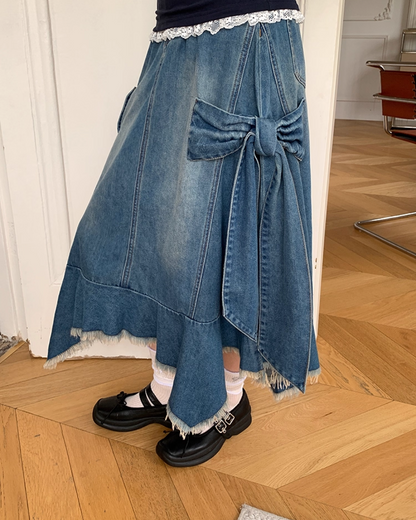Side Ribbon Denim Skirt B0014