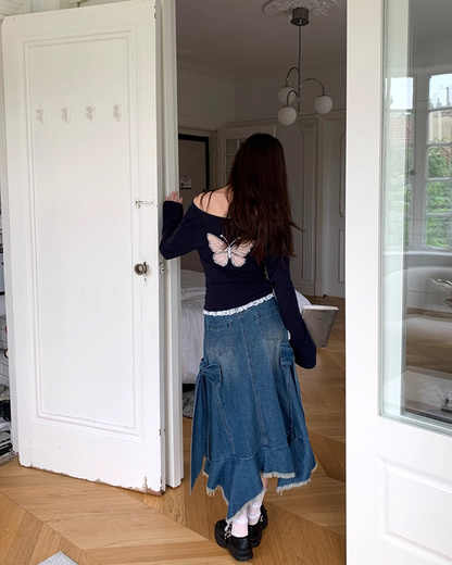 Side Ribbon Denim Skirt B0014