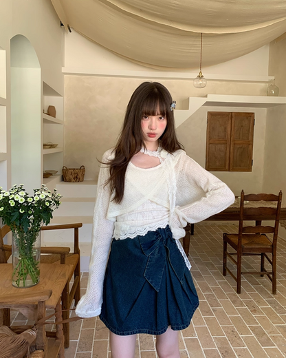 Ribbon Denim Mini Skirt B0017