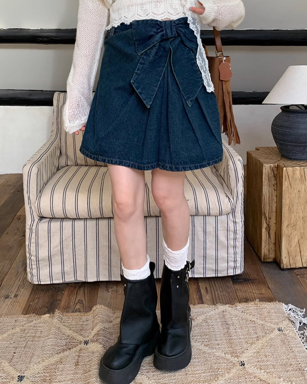 Ribbon Denim Mini Skirt B0017