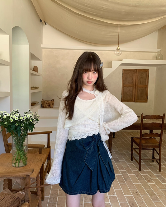 Ribbon Denim Mini Skirt B0017