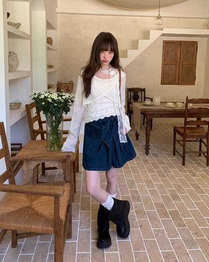 Ribbon Denim Mini Skirt B0017