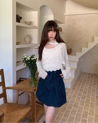 Ribbon Denim Mini Skirt B0017