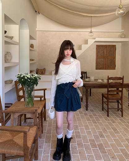 Ribbon Denim Mini Skirt B0017