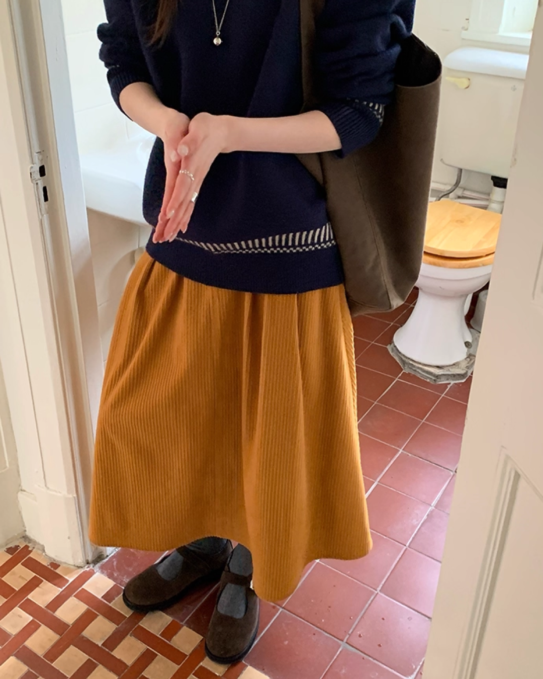 Color Corduroy Long  Skirt BU0035