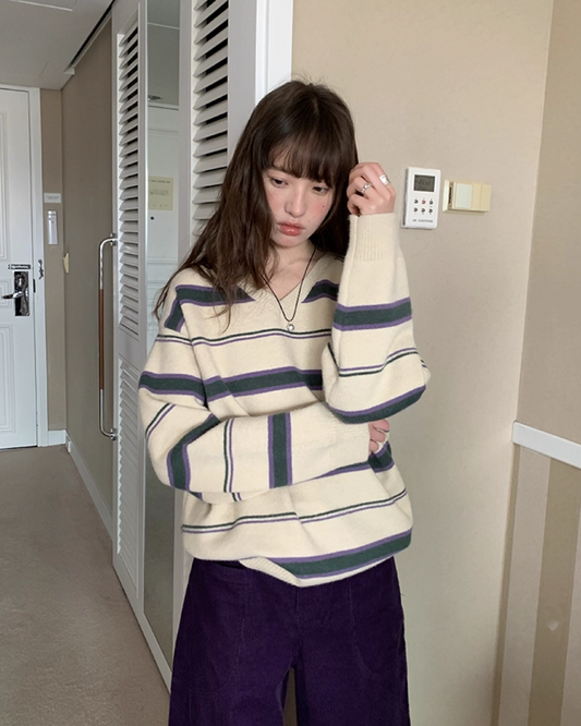 Stripe V-neck Knit BU0064