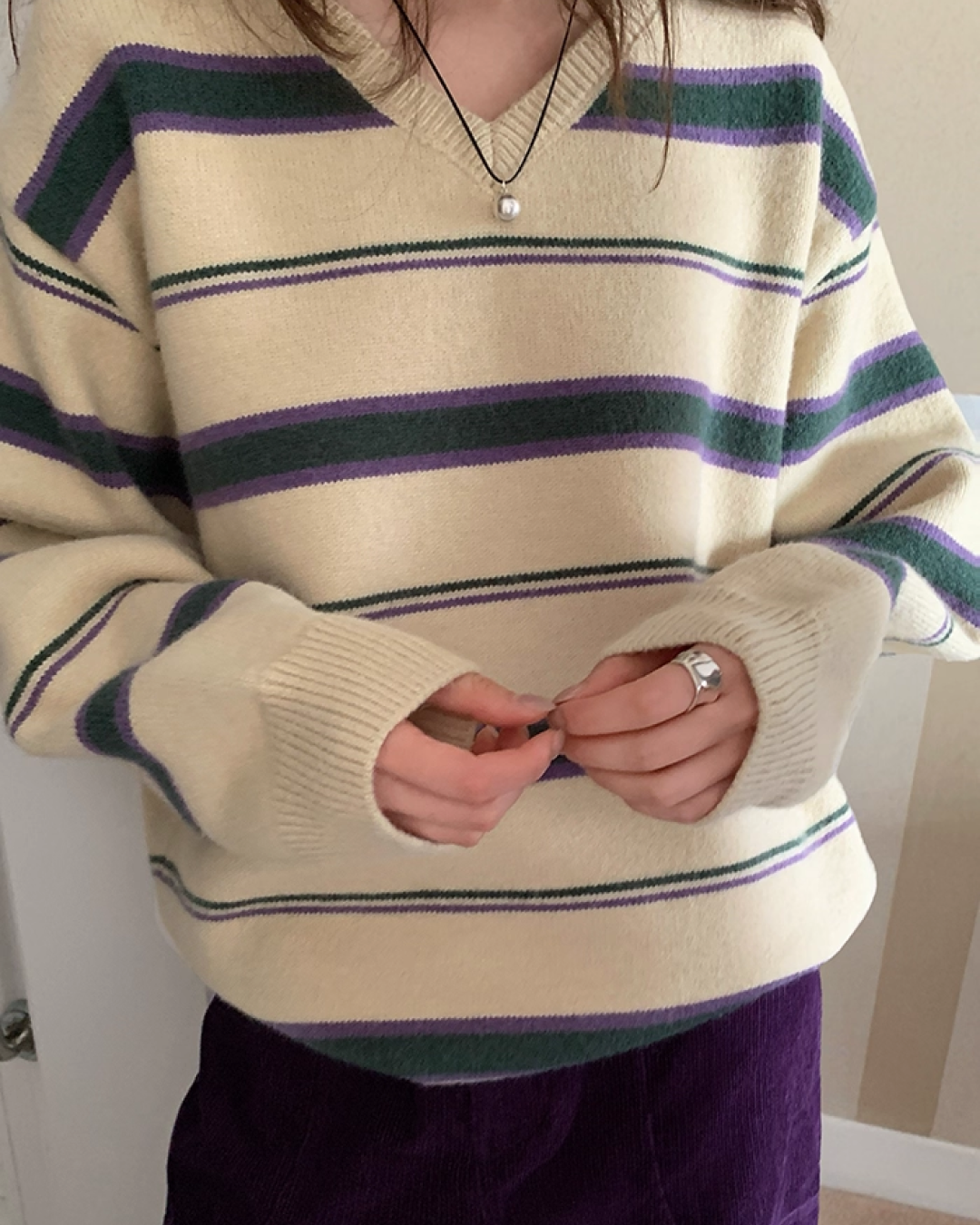 Stripe V-neck Knit BU0064