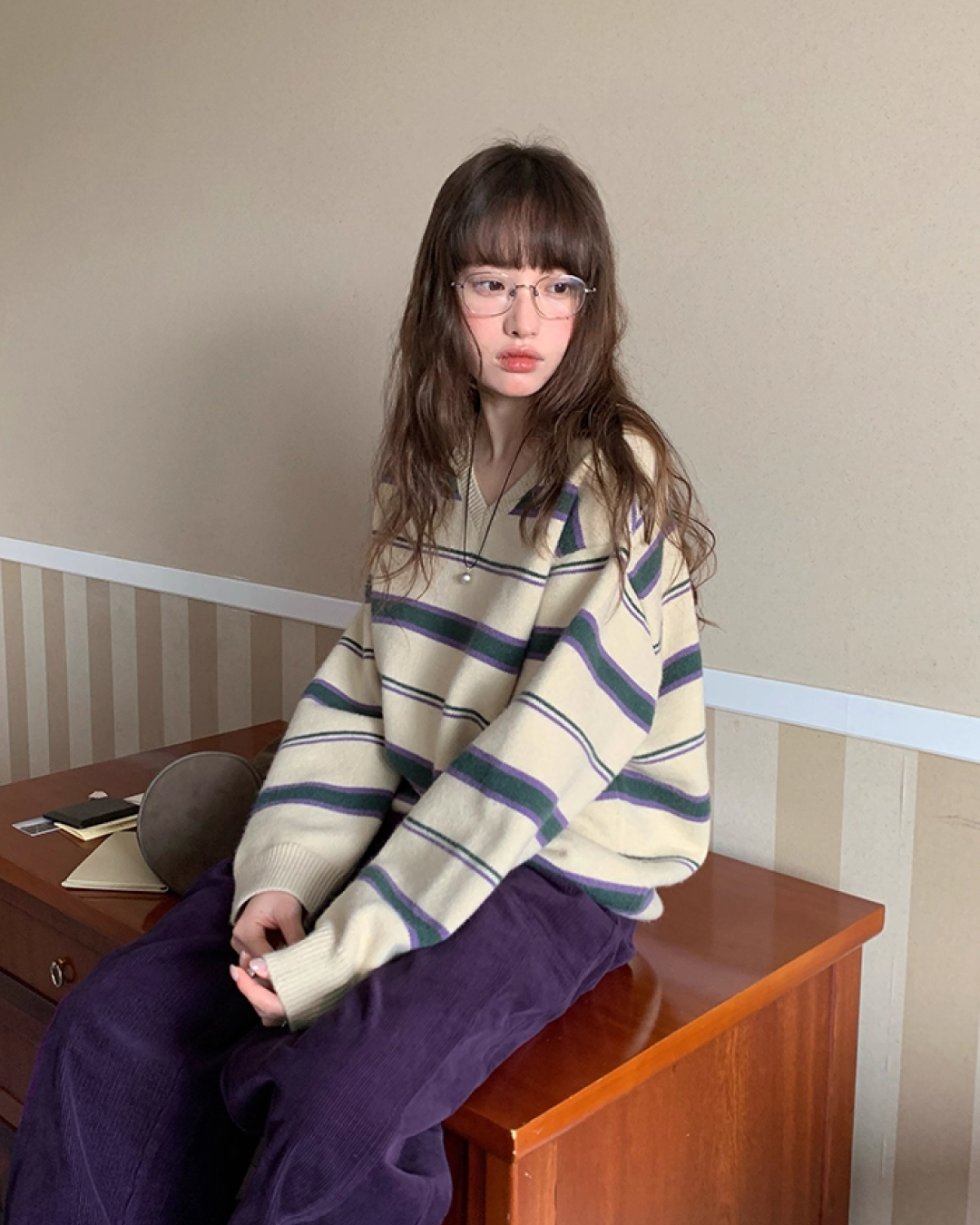 Stripe V-neck Knit BU0064