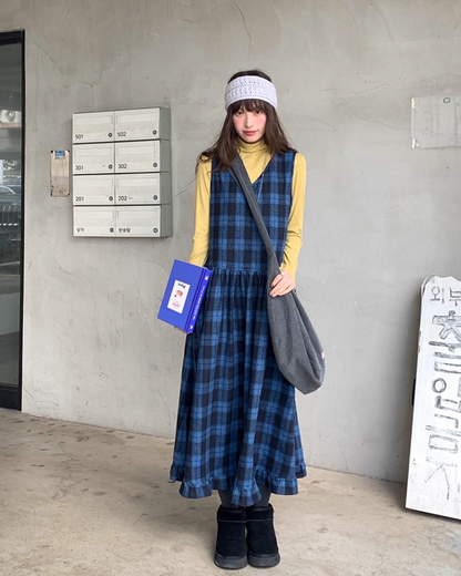 Blue Check V-neck Dress BU0070