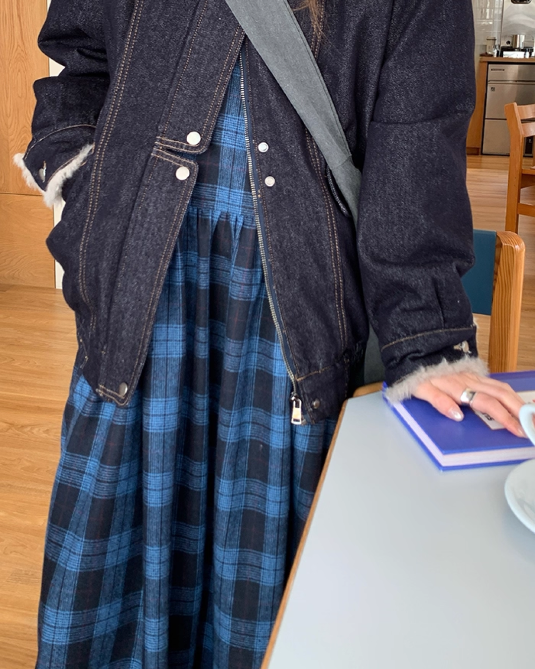 Blue Check V-neck Dress BU0070