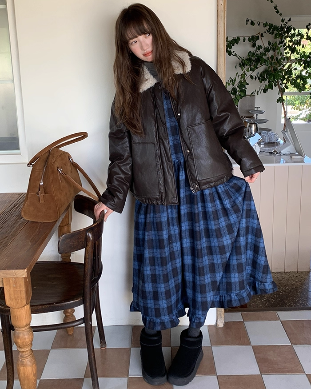 Blue Check V-neck Dress BU0070