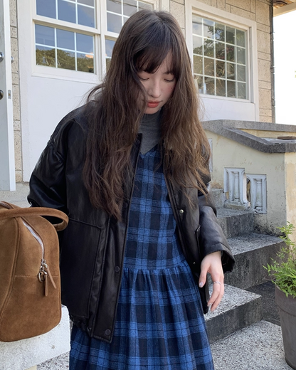 Blue Check V-neck Dress BU0070