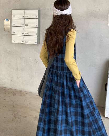 Blue Check V-neck Dress BU0070