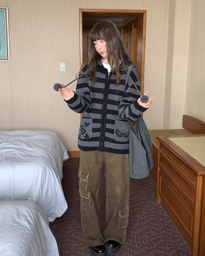 Border Pocket Design Knit Hoodie BU0091