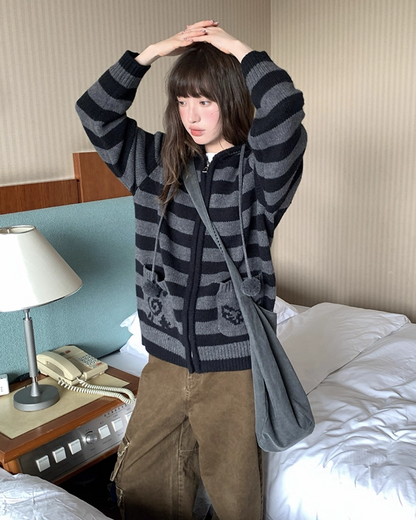 Border Pocket Design Knit Hoodie BU0091