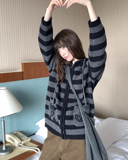 Border Pocket Design Knit Hoodie BU0091