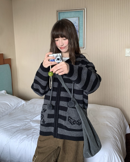 Border Pocket Design Knit Hoodie BU0091