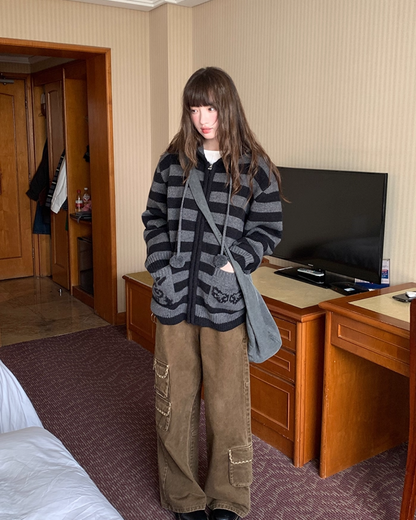 Border Pocket Design Knit Hoodie BU0091