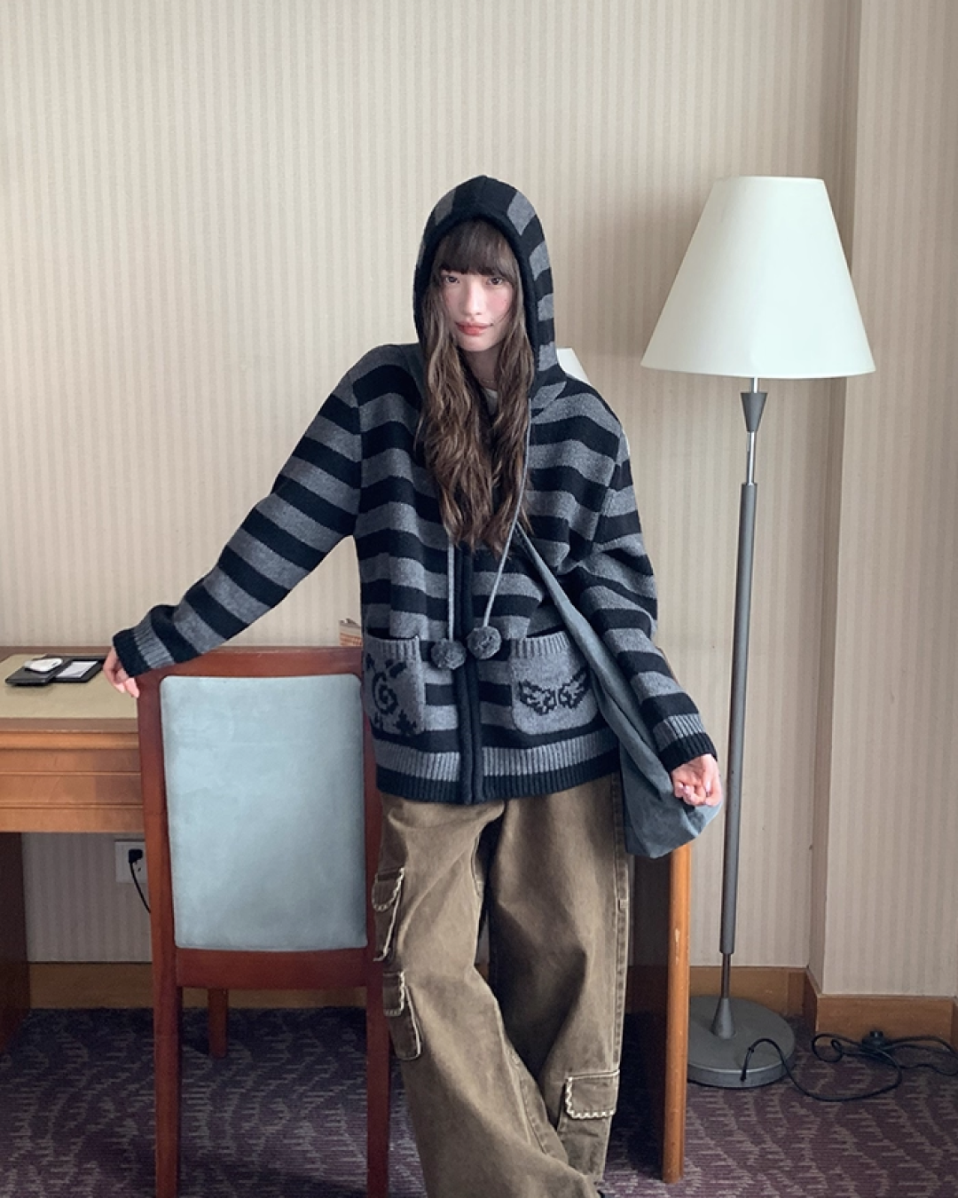 Border Pocket Design Knit Hoodie BU0091