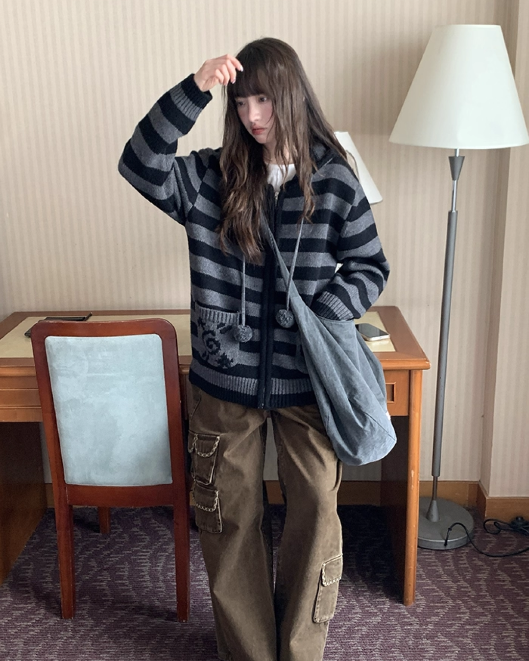 Border Pocket Design Knit Hoodie BU0091