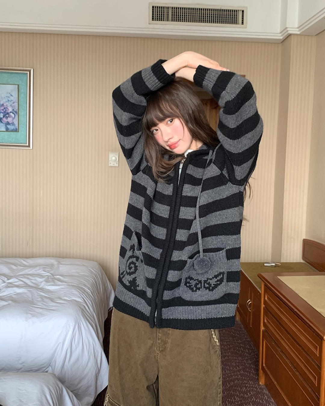 Border Pocket Design Knit Hoodie BU0091