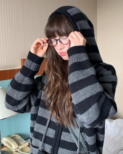 Border Pocket Design Knit Hoodie BU0091