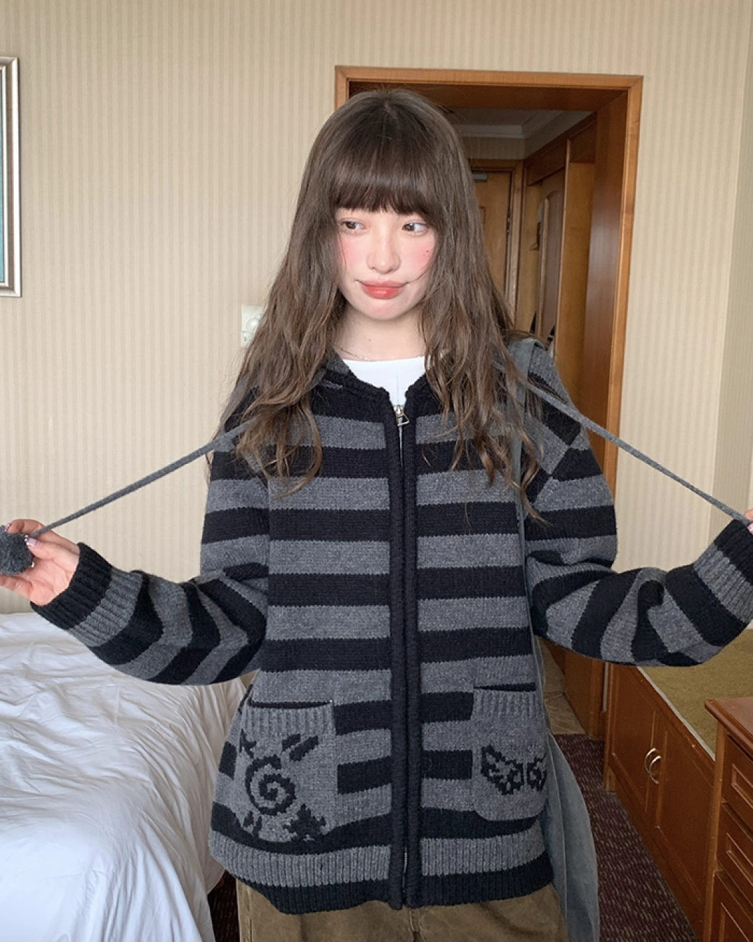 Border Pocket Design Knit Hoodie BU0091