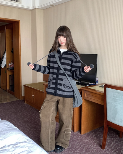 Border Pocket Design Knit Hoodie BU0091