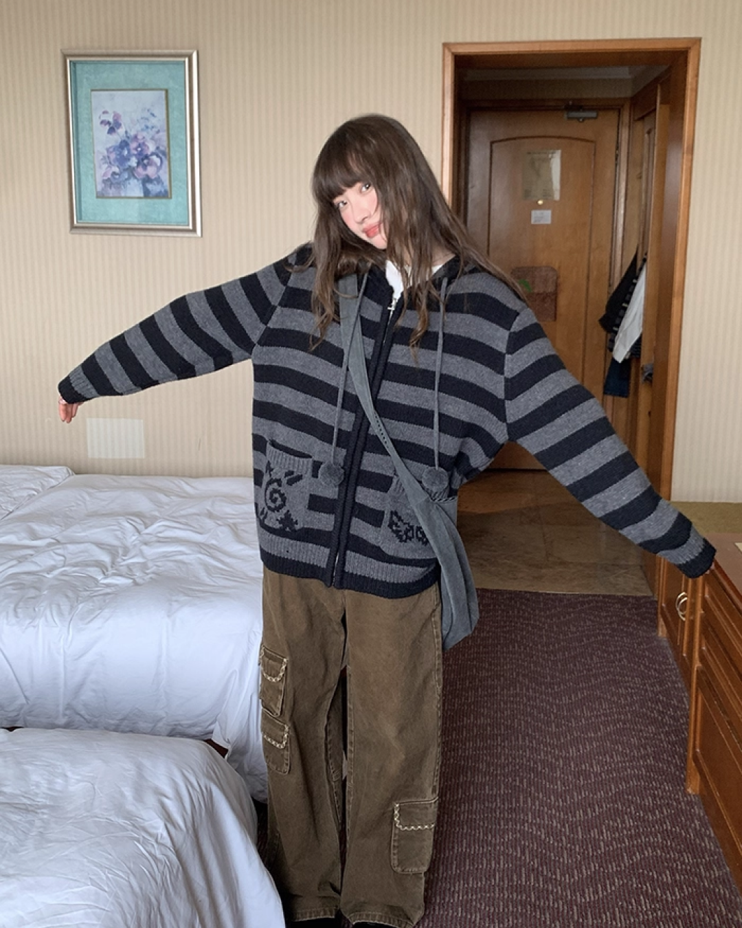 Border Pocket Design Knit Hoodie BU0091