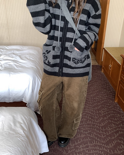 Border Pocket Design Knit Hoodie BU0091